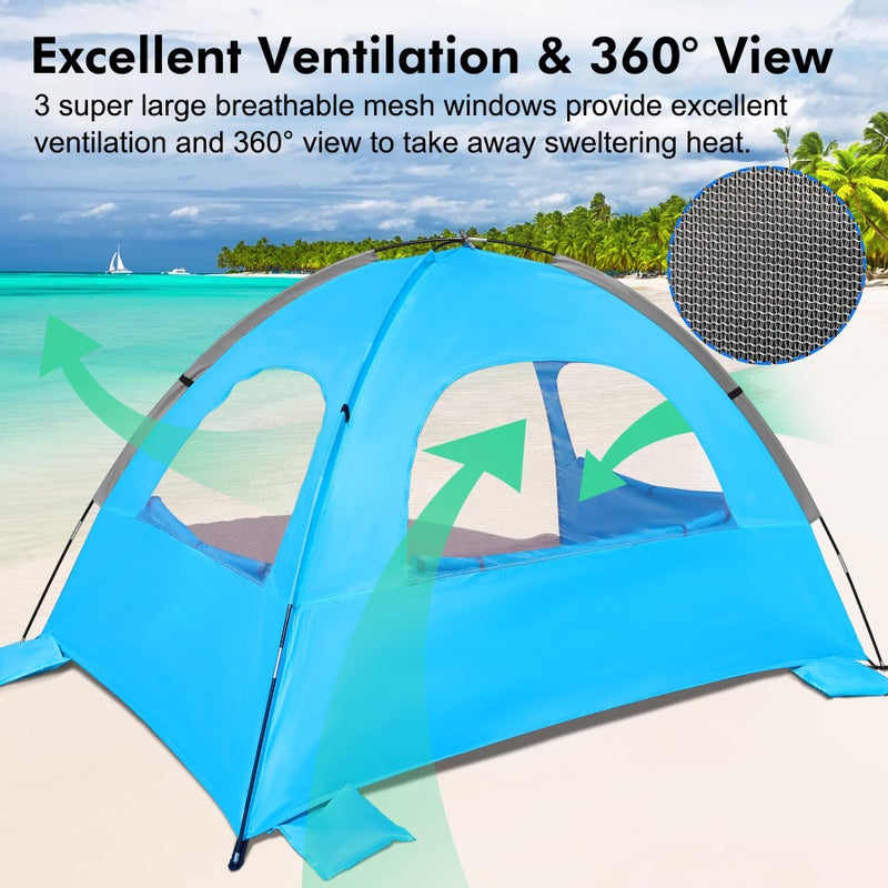 WhiteFang Beach Tent Anti-UV Portable Sun Shade Shelter for 4 Person, Extendable Floor with 3 Ventilating Mesh Windows Plus Carrying Bag, Stakes and Guy Lines (Blue) - Image 5